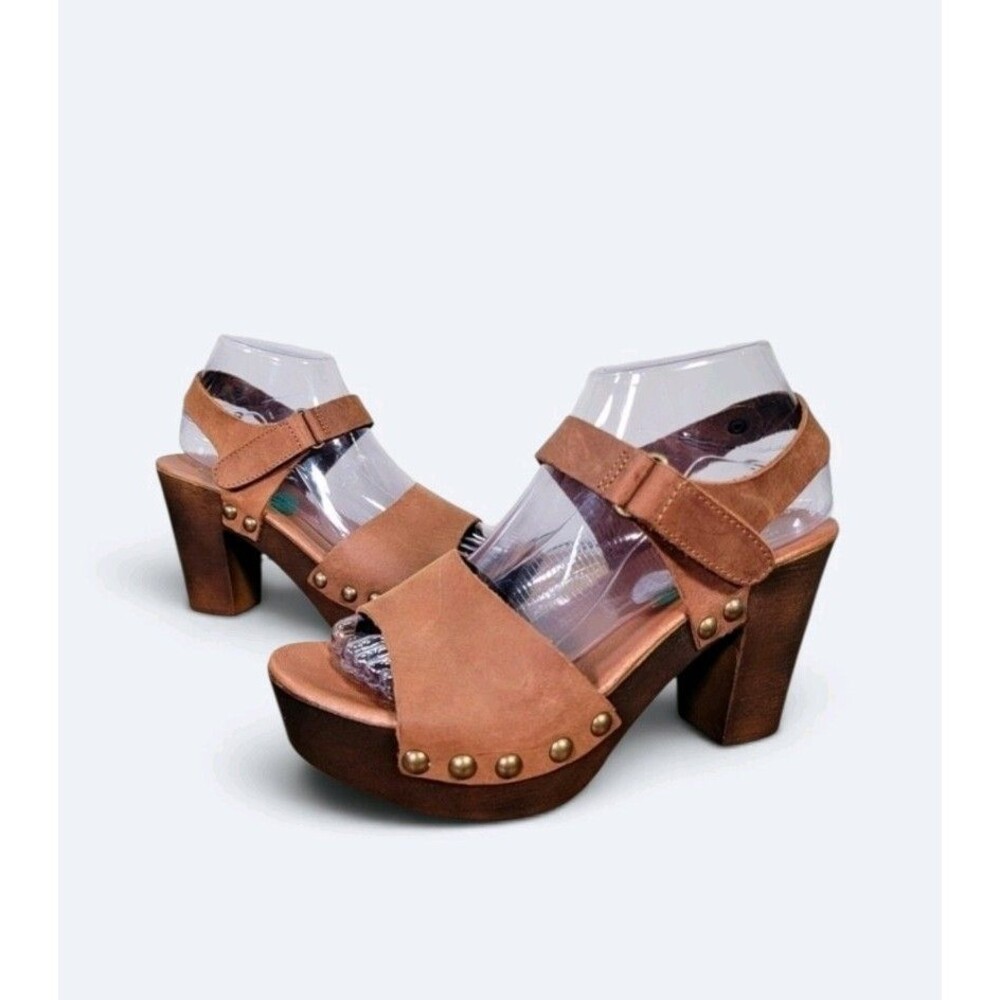 Mila Paoli Italy Ostras Brown Leather Studded Platform Chunky Sandal Heel Size 8